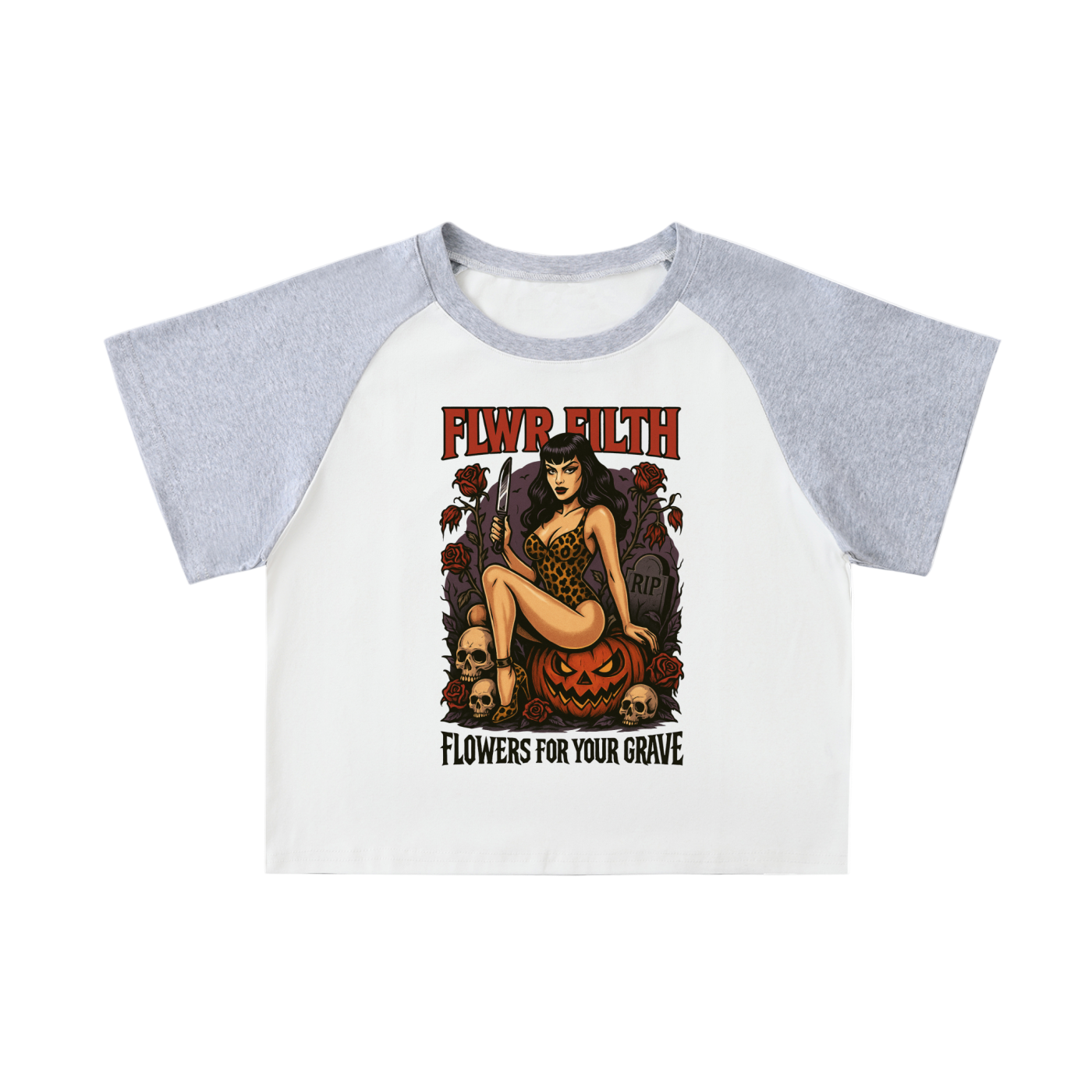 Halloween Deadly Pin-Up Pumpkin Babe - Color Blocked Raglan Sleeve Crop Top