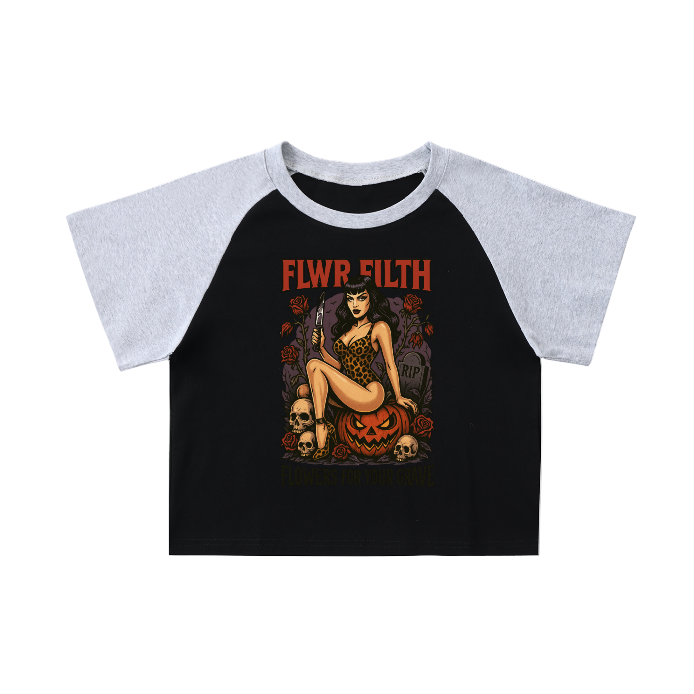Halloween Deadly Pin-Up Pumpkin Babe - Color Blocked Raglan Sleeve Crop Top