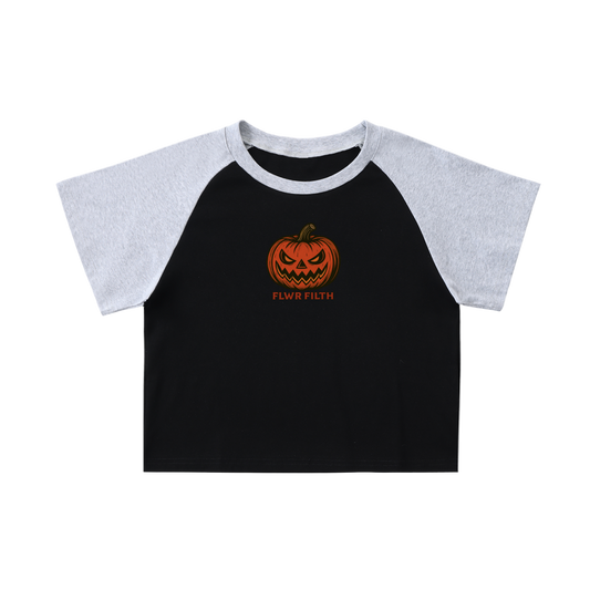 Halloween Jack O Lantern FLWR FILTH - Color Blocked Raglan Sleeve Crop Top